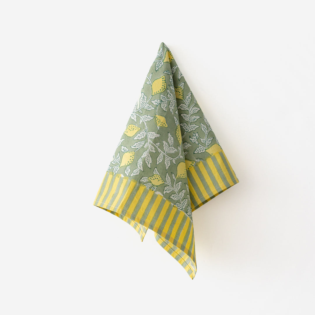 Smoke green cotton napkin, hand block-printed with lemon motif and yellow striped border